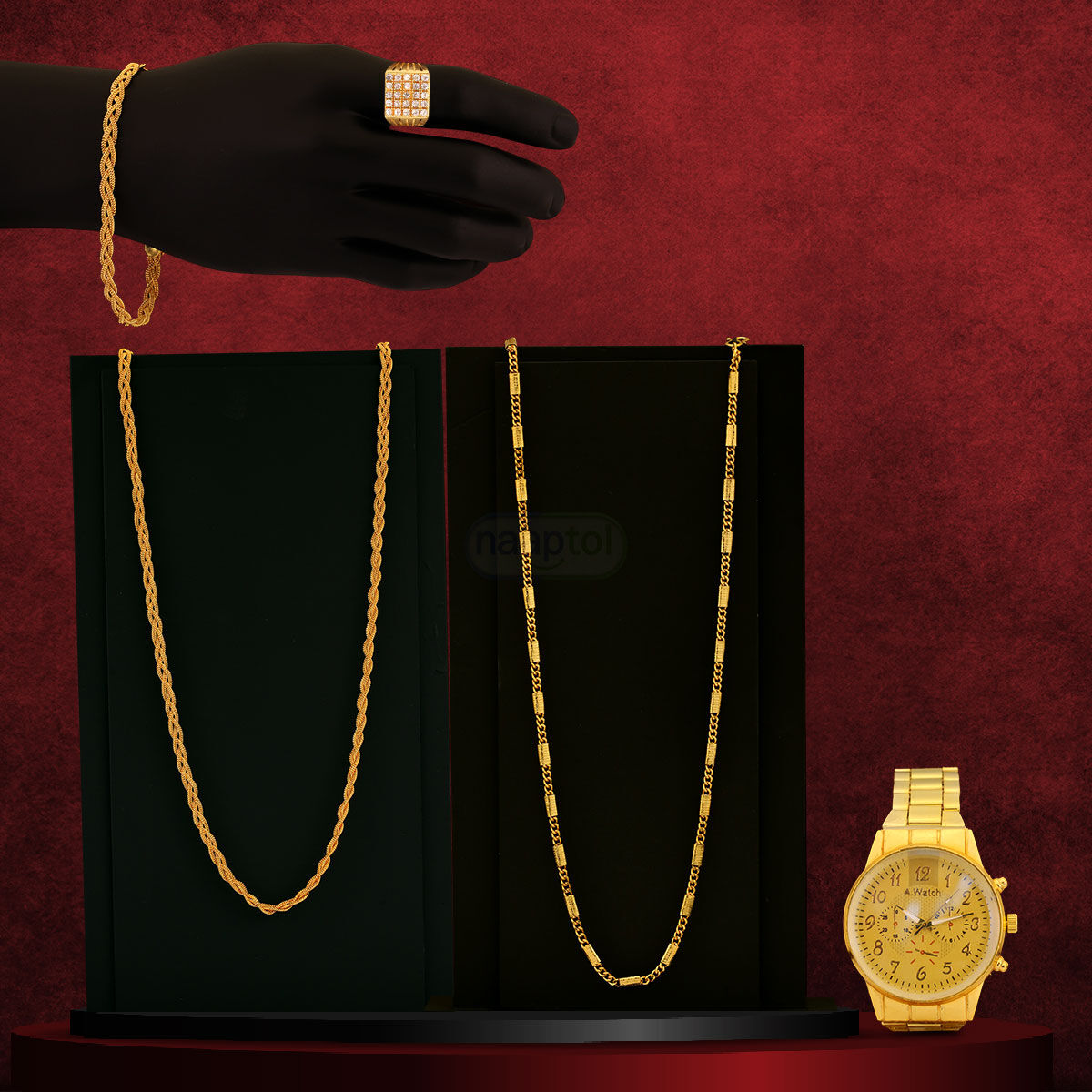 Golden Watch + 2 Chain + Bracelet + Ring (MGW2CBR5)